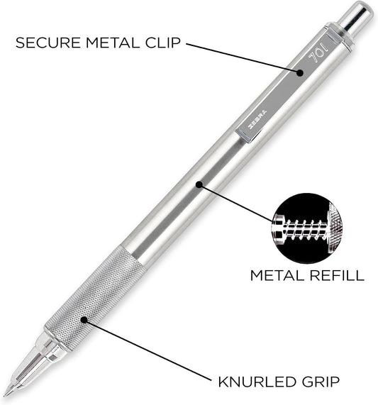 Zebra Pen STEEL F-701 Retractable Ballpoint Pen, Black Ink, 0.8mm, 3-Pack