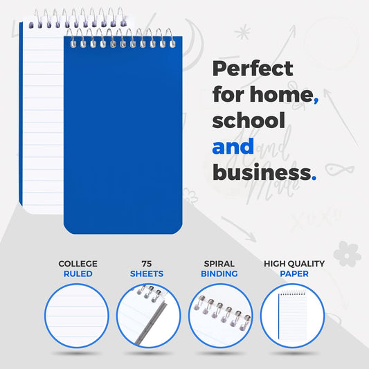 Small Notebooks, Spiral Notepads 3x5" - (Pack of 10) Pocket Notebook, Memo Pads For Home, Office, College, School - Lined College Ruled Paper - 5 Colored Notebooks, 75 Sheets Per Notebook
