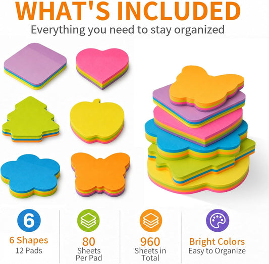 Shaped Sticky Notes-12 Pads, Cute Sticky Notes 3 x 3, Self-Stick Note Pads