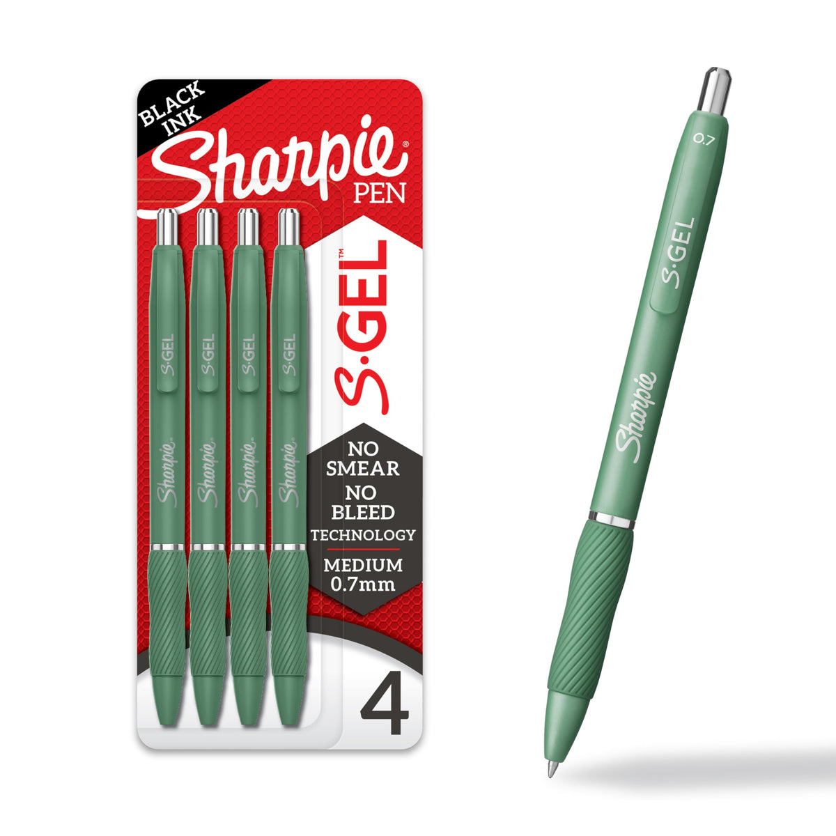 Sharpie S-Gel Gel Pens, Green Barrel, Black Ink, Medium Point (0.7mm), 4 Count - For Home, Office, College, Journaling, Drawing, Note-Taking, Writing