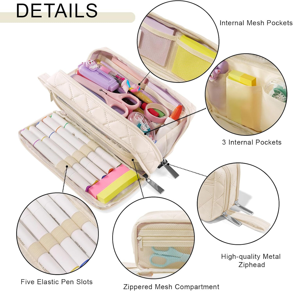Large Capacity Pencil Case with 9 Compartments, Beige