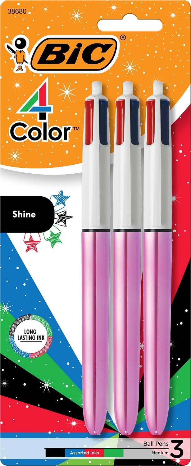 BIC 4 Color Shine Retractable Ballpoint Pen, 1.0 mm Point, 3-Count Assorted