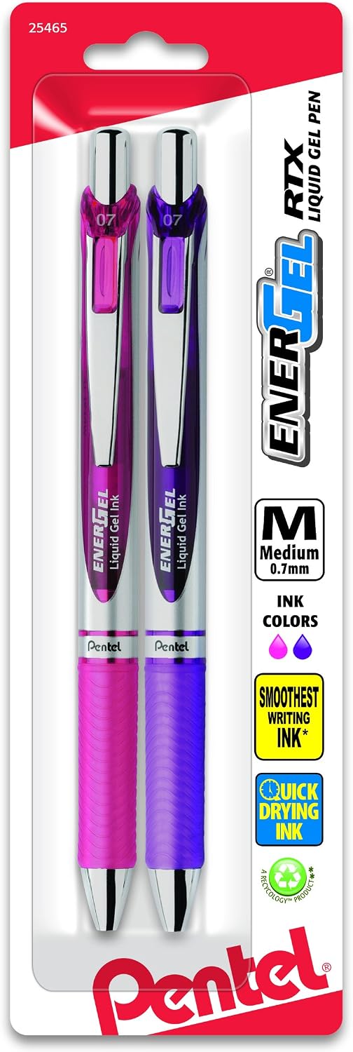 Pentel EnerGel RTX Retractable Liquid Gel Pen, Medium Line, Metal Tip, Pink/Violet Ink, 2-Pack (BL77BP2PV)