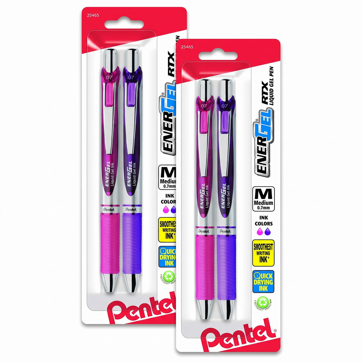 Pentel EnerGel RTX Retractable Liquid Gel Pen, Medium Line, Metal Tip, Pink/Violet Ink, 2-Pack (BL77BP2PV)