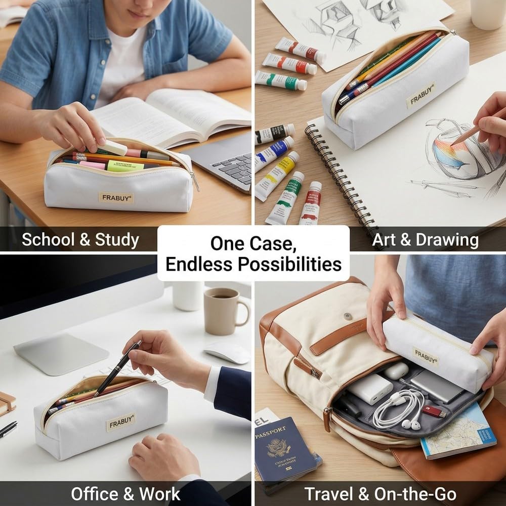 Canvas Pencil Case Pouch, Multipurpose Pen Bag Stationery White