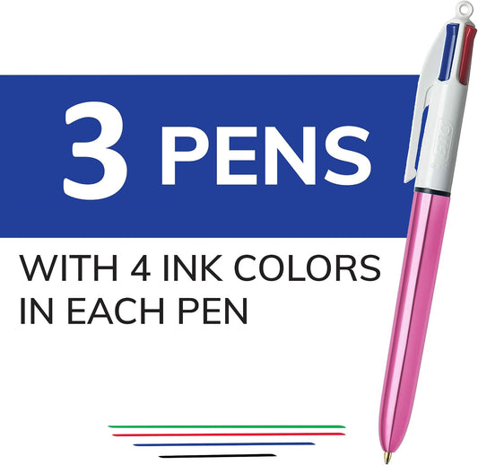 BIC 4 Color Shine Retractable Ballpoint Pen, 1.0 mm Point, 3-Count Assorted