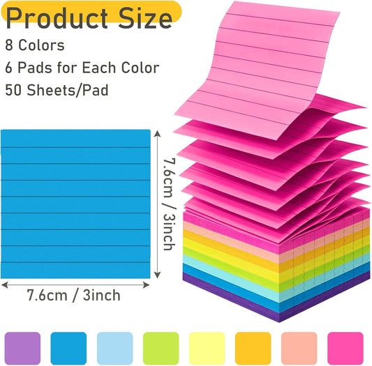 48 Pack Pop Up Lined Sticky Notes 3x3, 8 Colors Accordion Sticky Notes with Lines, Self Sticky Note Memo Pads for School and Office Supplies, Multicolor
