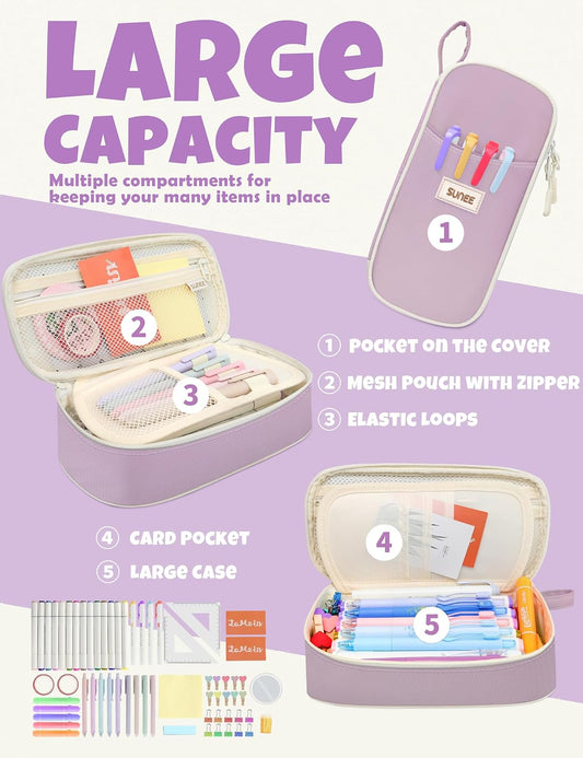 SUNEE Cute Pencil Case, Aesthetic Pen Pouch, Colored Large Pencil Bag with Zipper, Kawaii Stationery Storage and Organizer, School Supplies for Teen and Adult Girls, Purple