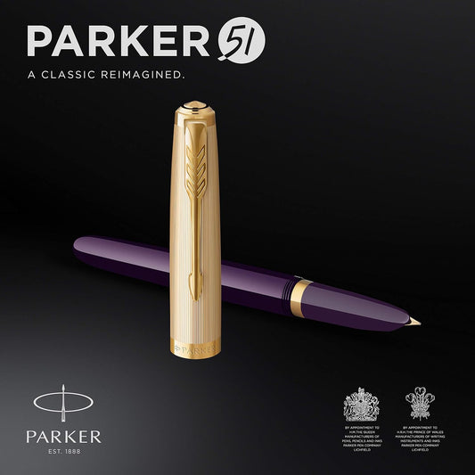 Parker 51 Fountain Pen | Deluxe Plum Barrel with Gold Trim | Fine 18k Gold Nib with Black Ink Cartridge | Gift Box
