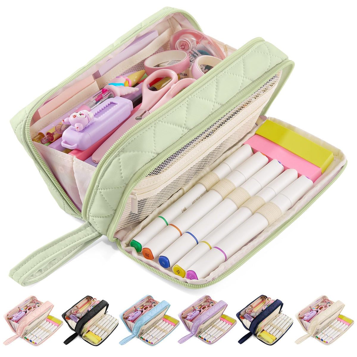 Large Capacity Pencil Case with 9 Compartments, Beige