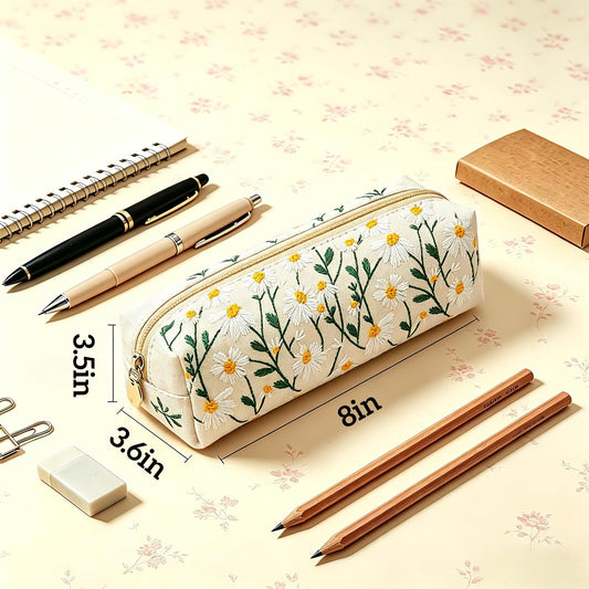 Pencil Case Aesthetic Pencil Pouch for Women Pencil Case Small (Beige embroidery)
