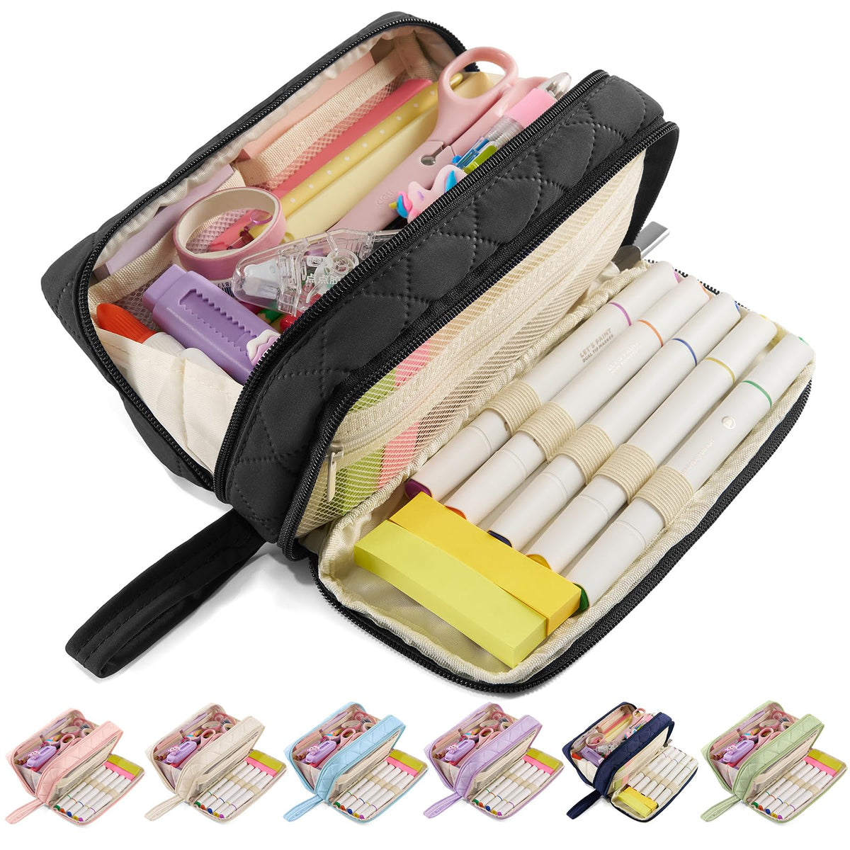 Large Capacity Pencil Case with 9 Compartments, Beige