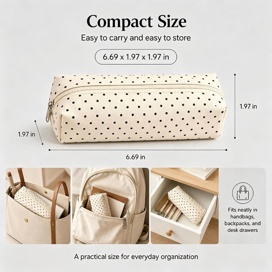 Beige Polka Dot Pencil Case, Aesthetic Canvas Pouch, Stationery & Makeup