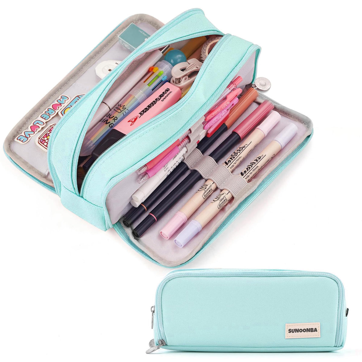 FAHZON Cute Pencil Case, 3 Large Compartments Pencil Pouch, Elastic Pen Slots&Mesh Pockets for Stationery, Pencil Bag for School Supplies with Zipper for Girls Boy Women Teens Adults-Pink