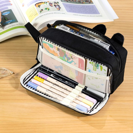 CICIMELON Cartoon Pencil Case, Large Capacity Pen Pouch with Embroidered Animal Design, School Supplies Bag for Kids, Teens, Students (Black Cat)