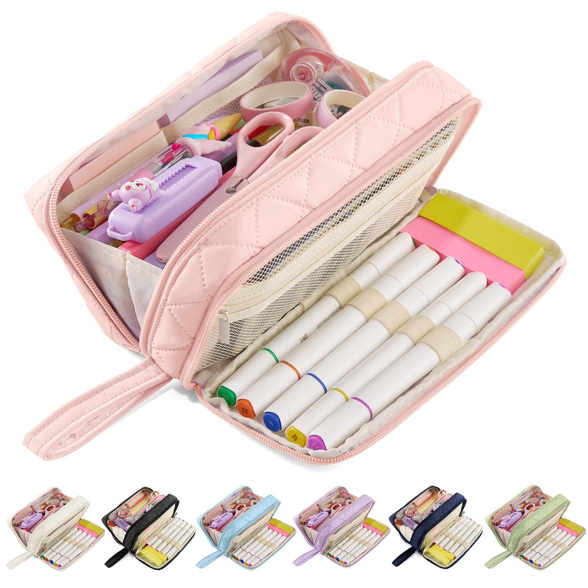 Large Capacity Pencil Case with 9 Compartments, Beige