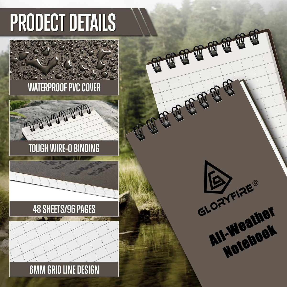 GLORYFIRE 5 Pack Waterproof Notebook, All-Weather Pocket Notepad 3"x5"