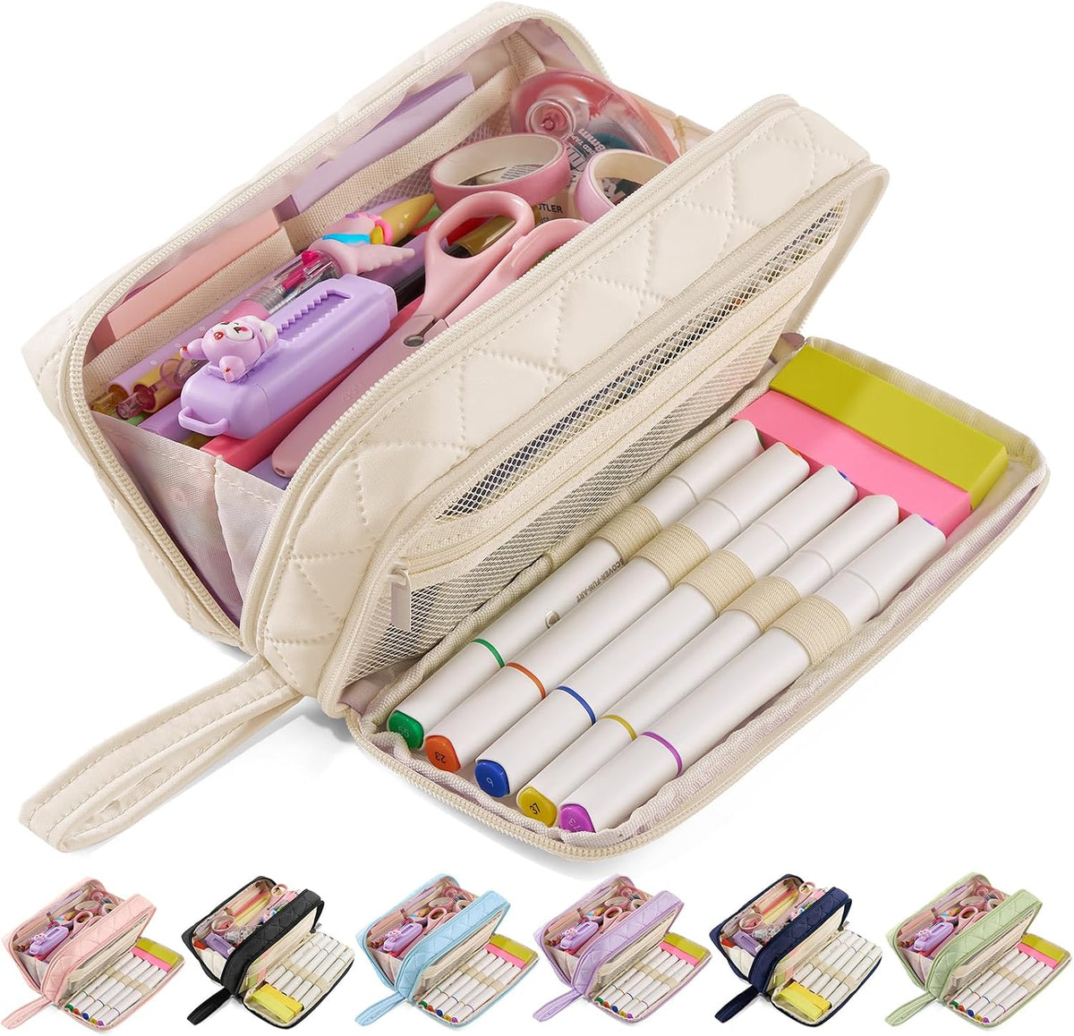 Large Capacity Pencil Case with 9 Compartments, Beige
