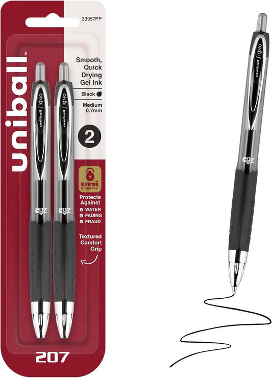 uniball™ 207 Gel Pens, Black Ink, 0.7mm Medium Point, Retractable, 2 Count