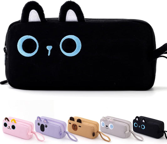 CICIMELON Cartoon Pencil Case, Large Capacity Pen Pouch with Embroidered Animal Design, School Supplies Bag for Kids, Teens, Students (Black Cat)