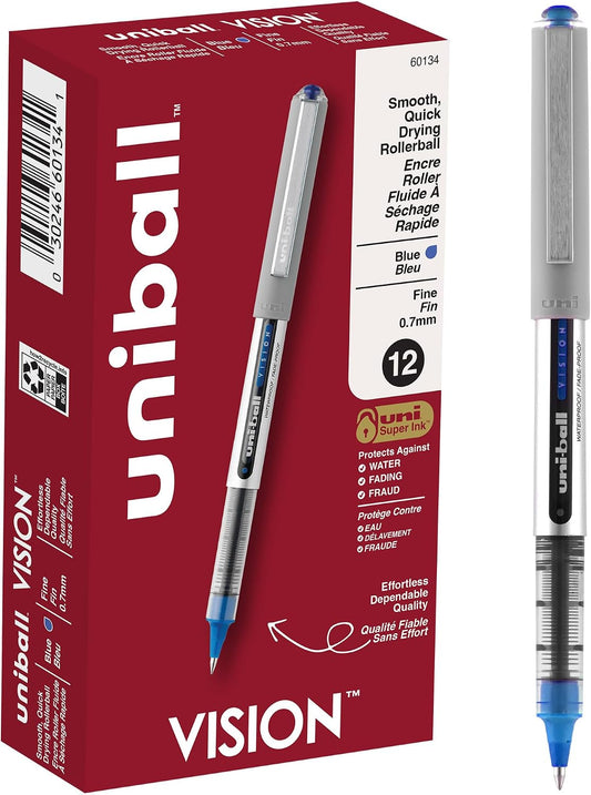 uni-ball uniball Vision Rollerball Pens with 0.7mm Fine Point, Blue, 12 Count