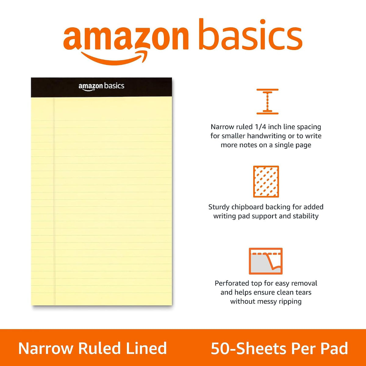 Amazon Basics 50-Sheet Narrow Ruled Lined Writing Note Pad, 5" x 8", 12-Pack, Canary, Perforated