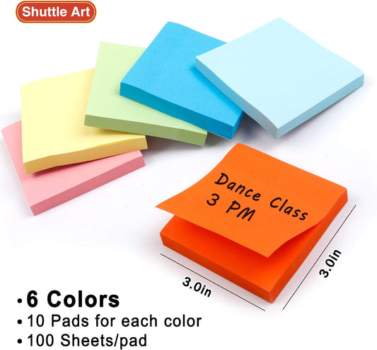 Sticky Notes, Shuttle Art 60 Pads Bright Stickies 6000 Sheets Total, 6 Assorted Colors, 3x3 Inches, 100 Sheets/Pad Sticky Pads for Home, School, Office