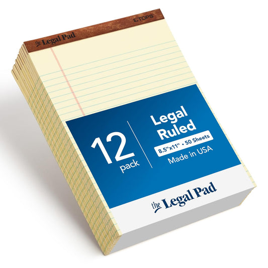 TOPS 8.5 x 11.75 Legal Pads, 12 Pack, The Legal Pad Brand, Wide Ruled, Yellow Paper, 50 Sheets Per Writing Pad, Made in the USA (7532)