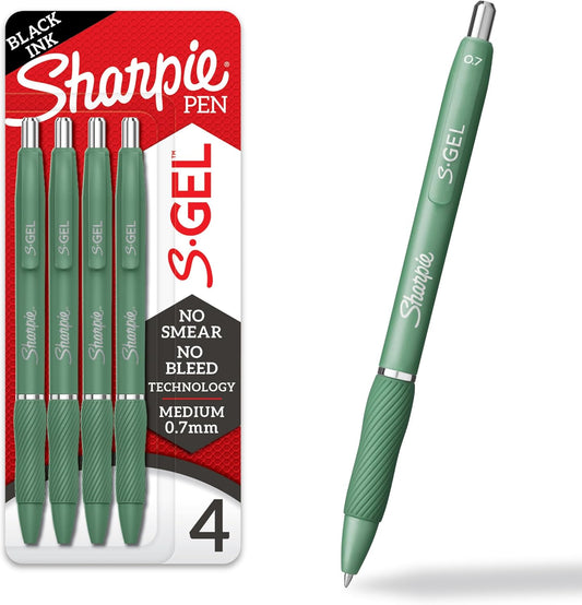Sharpie S-Gel Gel Pens, Green Barrel, Black Ink, Medium Point (0.7mm), 4 Count - For Home, Office, College, Journaling, Drawing, Note-Taking, Writing