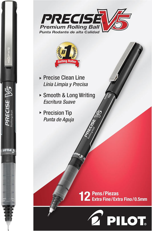 PILOT Precise V5 Rollerball Pens, Extra Fine Point 0.5mm, Black, 12-Pack