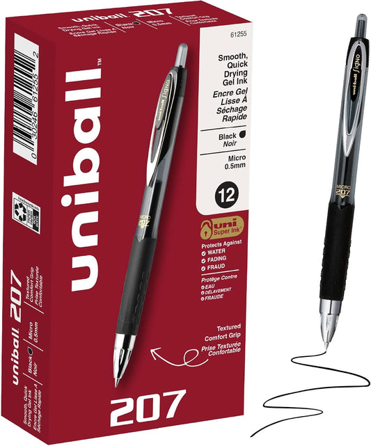 uniball™ 207 Gel Pens, Black Ink, 0.5mm Micro Point, Retractable, 12 Count