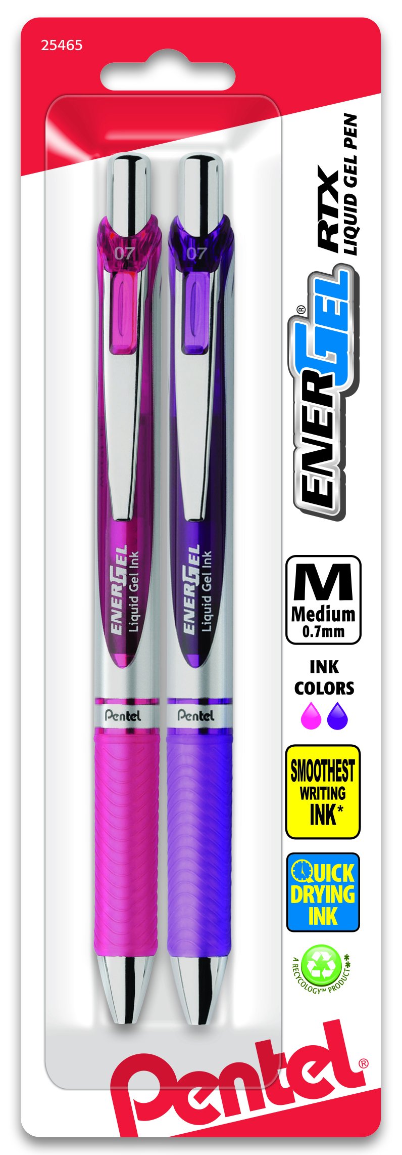 Pentel EnerGel RTX Retractable Liquid Gel Pen, Medium Line, Metal Tip, Pink/Violet Ink, 2-Pack (BL77BP2PV)