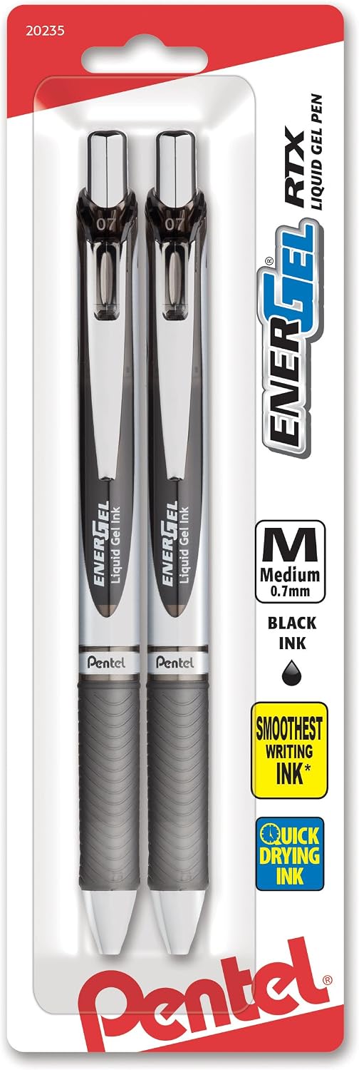 Pentel EnerGel RTX Retractable Liquid Gel Pen, (0.7mm), Medium Line, Metal Tip, Black Ink, Pack of 2 (BL77BP2A)