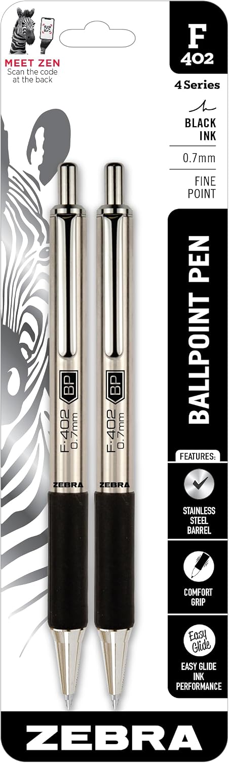 Zebra Pen STEEL F-402 Retractable Ballpoint Pen, Black Ink, 0.7mm, 2-Pack