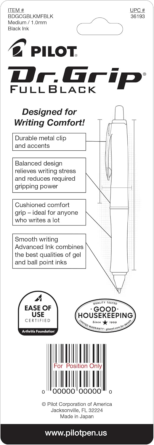 PILOT Dr. Grip FullBlack Ballpoint Pen, Medium Point, Black Ink, Single Pen