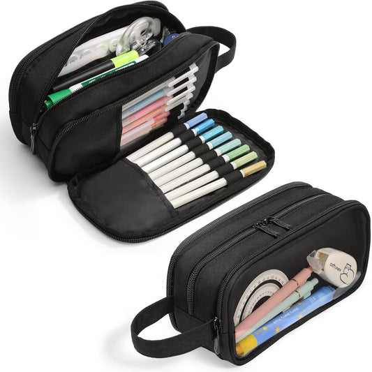 SUNEE Large Capacity Pencil Case with 3 Compartment, Extra Big Pencil Pouch, Pencil Bag with Clear Window, Pen Case School Supplies for Teens Adults Girls Boys, Black