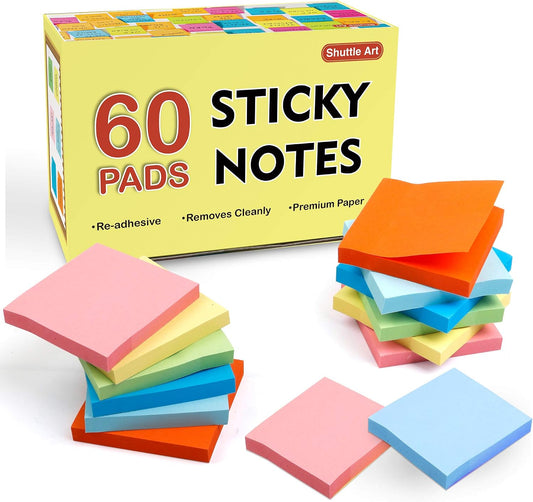 Sticky Notes, Shuttle Art 60 Pads Bright Stickies 6000 Sheets Total, 6 Assorted Colors, 3x3 Inches, 100 Sheets/Pad Sticky Pads for Home, School, Office