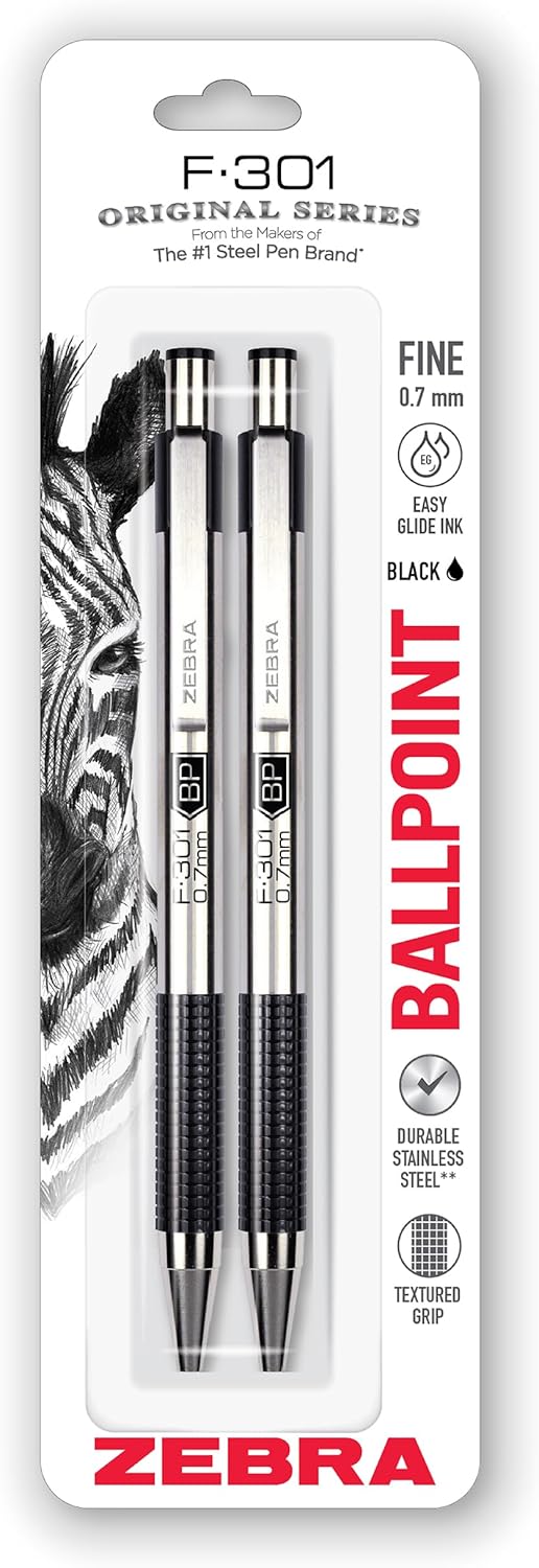 Zebra Pen STEEL F-301 Retractable Ballpoint Pen, Black Ink, 0.7mm, 2-Pack
