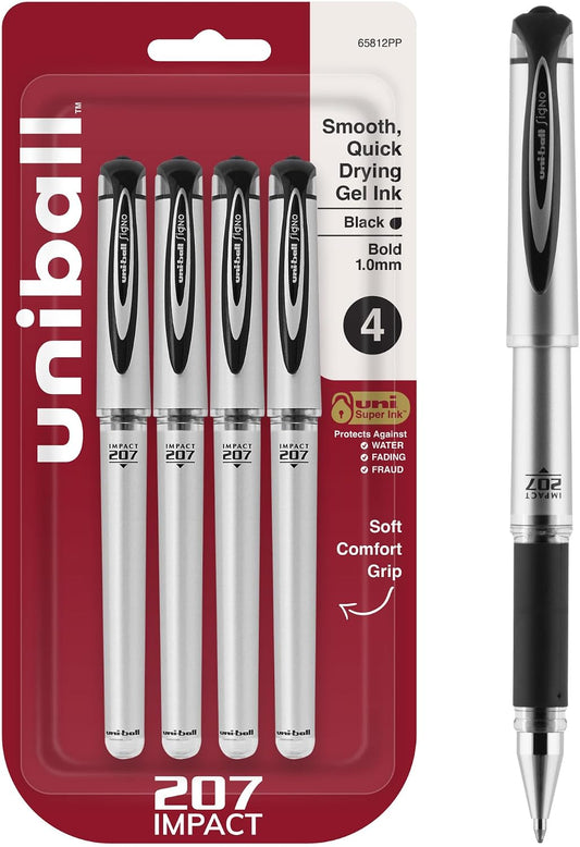 uni-ball Signo 207 Impact Stick Gel Pen, 4 Black Pens, 1.0mm Bold Point Gel Pens, Smooth Writing, Archival-Quality Ink, Acid-Free, Superior Comfort