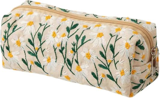 Pencil Case Aesthetic Pencil Pouch for Women Pencil Case Small (Beige embroidery)