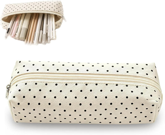 Beige Polka Dot Pencil Case, Aesthetic Canvas Pouch, Stationery & Makeup