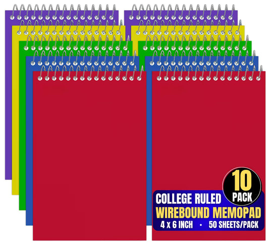 1InTheOffice Wirebound Memo Pads, 4" x 6", College, Assorted, 50 Sheets/Pad, (10 Pads)