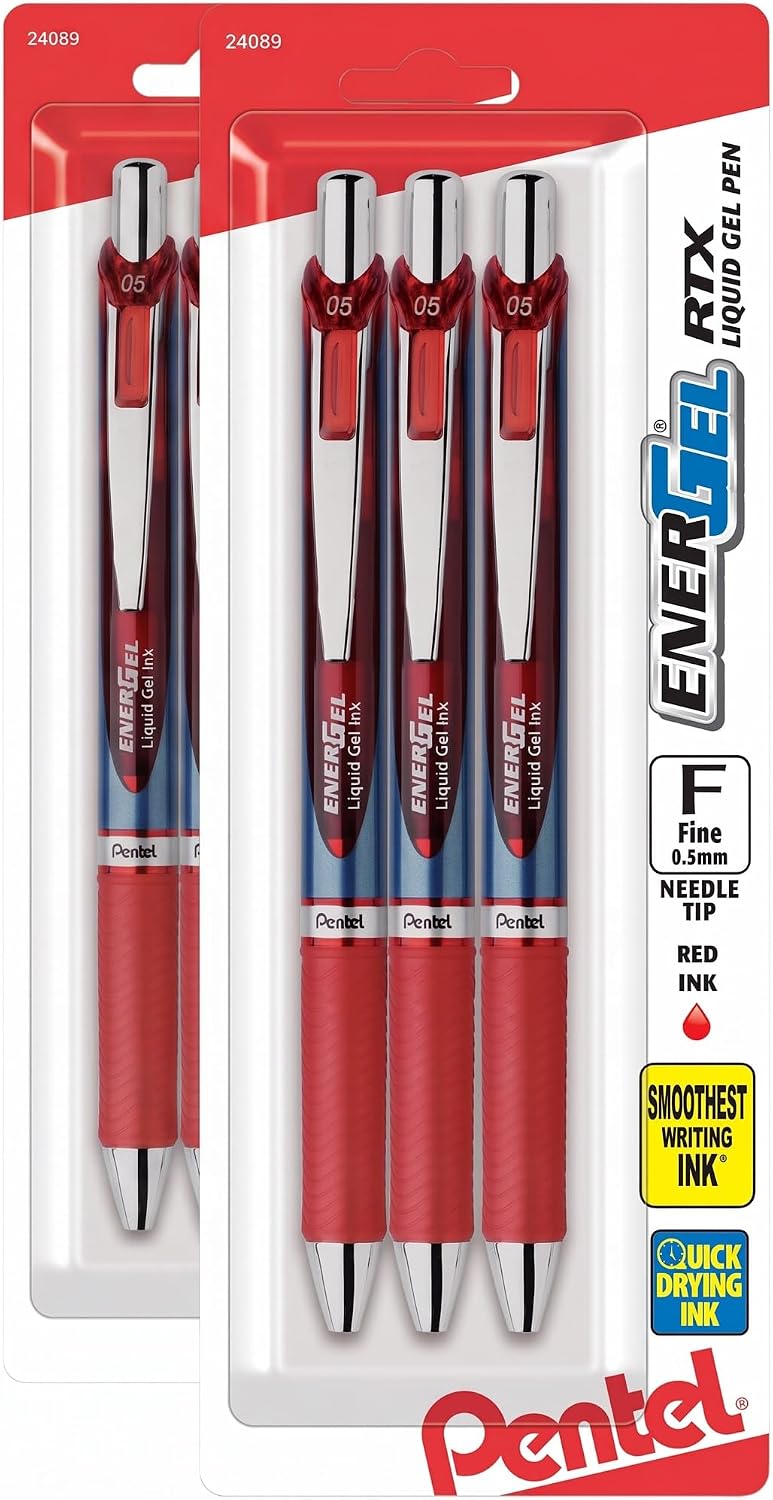 Pentel EnerGel RTX Retractable Liquid Gel Pen, (0.5mm), Fine Line, Needle Tip, Black Ink, Pack of 3 (BLN75BP3A)