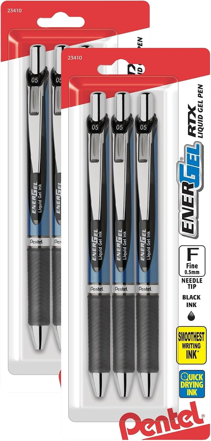 Pentel EnerGel RTX Retractable Liquid Gel Pen, (0.5mm), Fine Line, Needle Tip, Black Ink, Pack of 3 (BLN75BP3A)