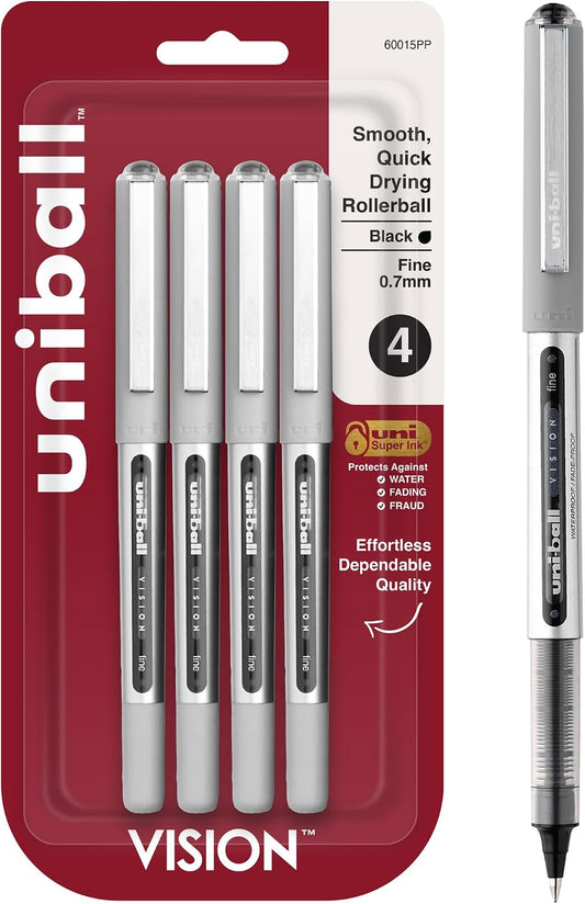 uni-ball Vision Stick Roller Ball Pens, Fine Point, Black Ink, Pack of 4