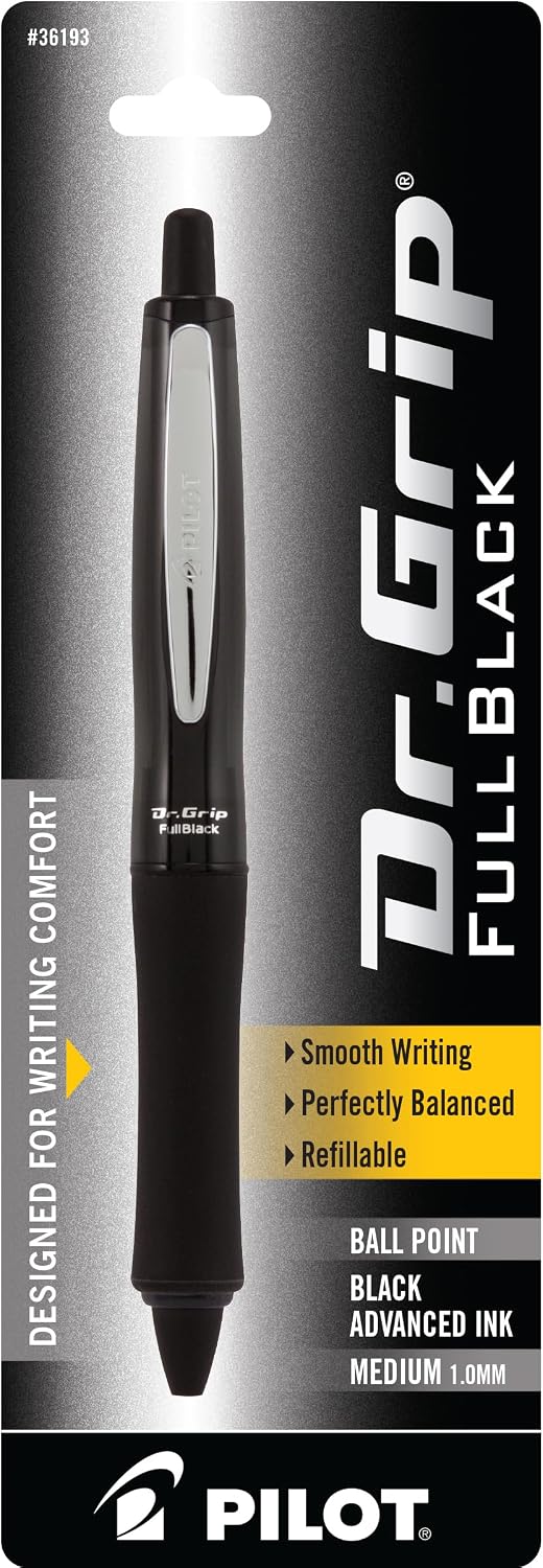 PILOT Dr. Grip FullBlack Ballpoint Pen, Medium Point, Black Ink, Single Pen