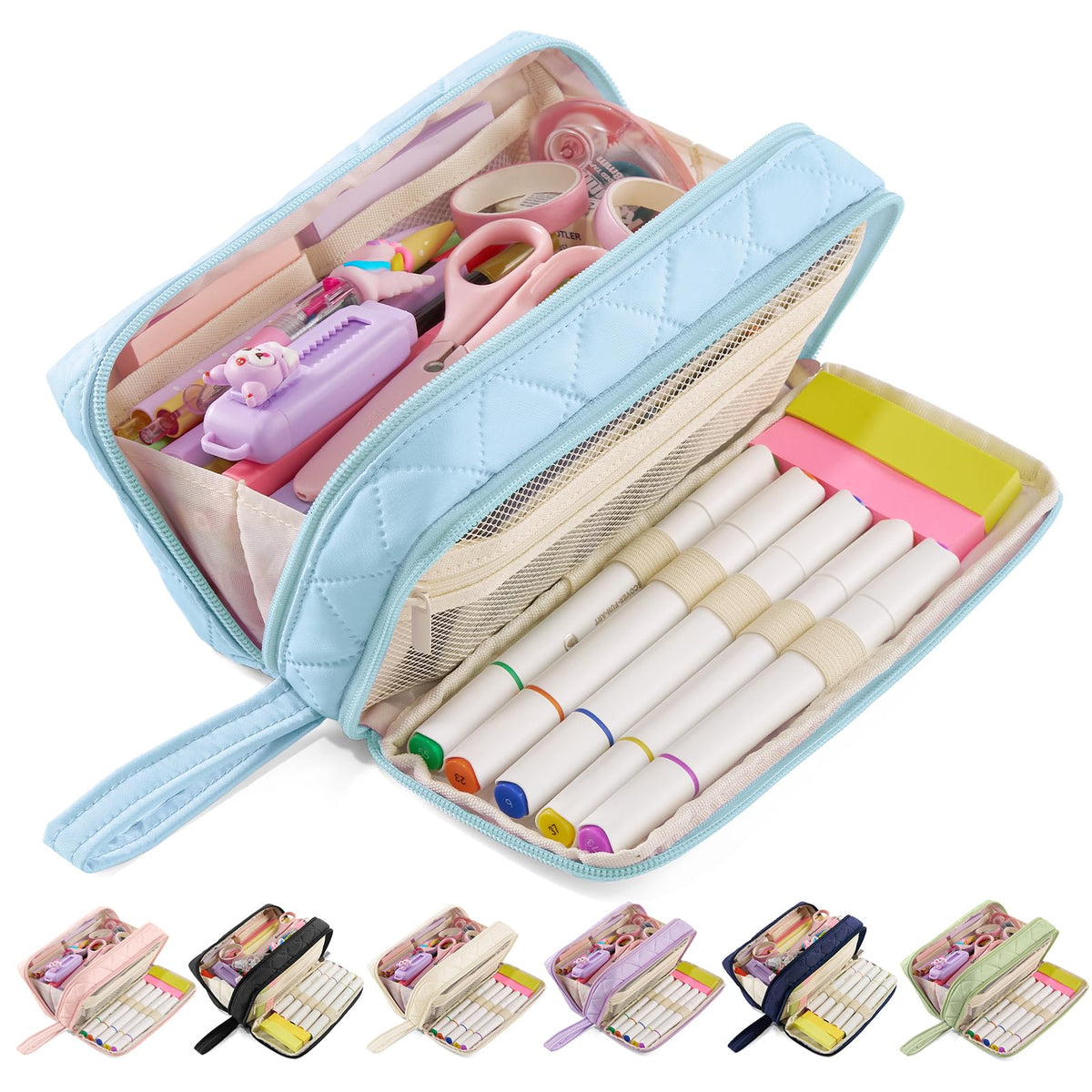 Large Capacity Pencil Case with 9 Compartments, Beige