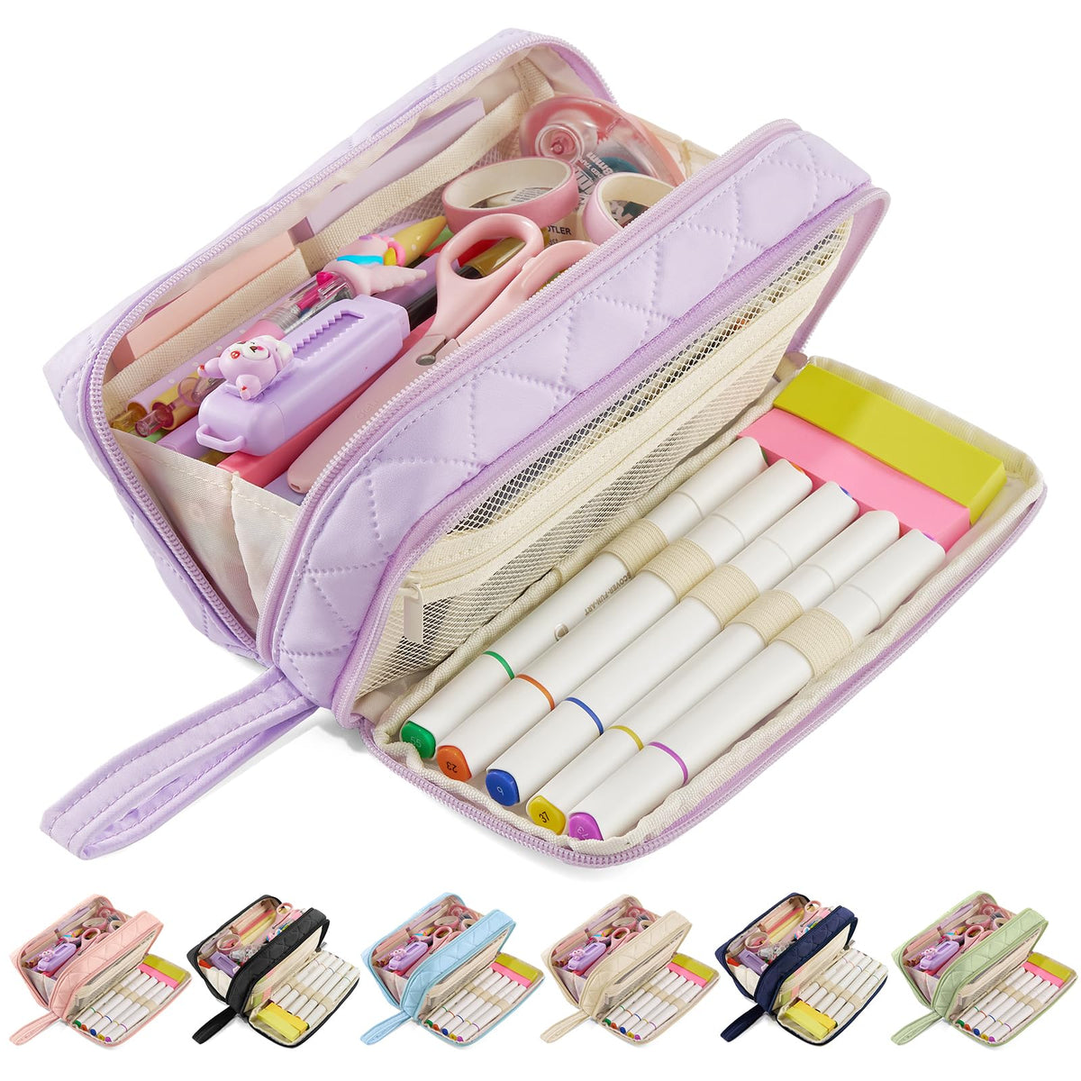 Large Capacity Pencil Case with 9 Compartments, Beige