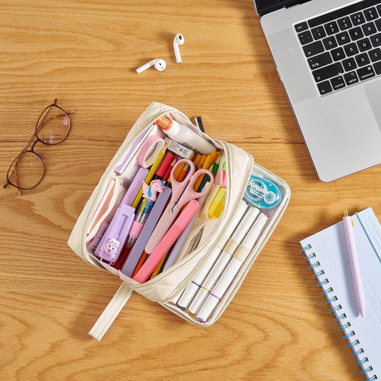 Large Capacity Pencil Case with 9 Compartments, Beige