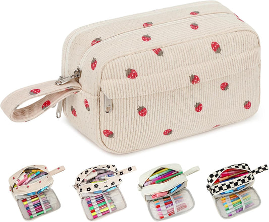 Bluboon Big Capacity Pencil Case Pencil Pouch Pen Case School Supplies Cute Pencil Box Pencil Bag for Teen Girls Boys Women Man (Strawberry Beige)